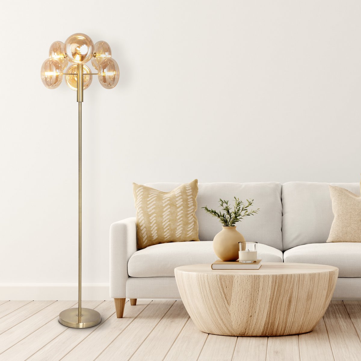 Timeless Artisan Floor Lamp in Amber with Natural Materials