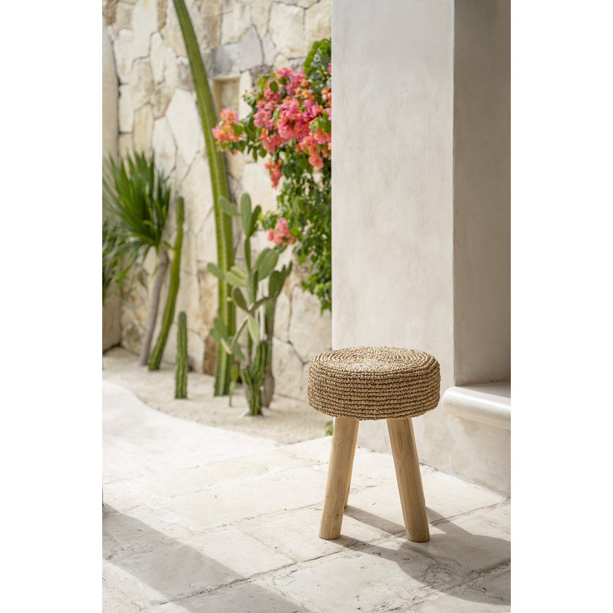 Teak & raffia woven stool